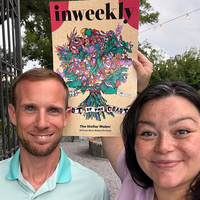 Steven Shumaker and his wife Annette holding The Stellar Maker's Inweekly Best of the Coast 2023 award for Best Maker/Artisan