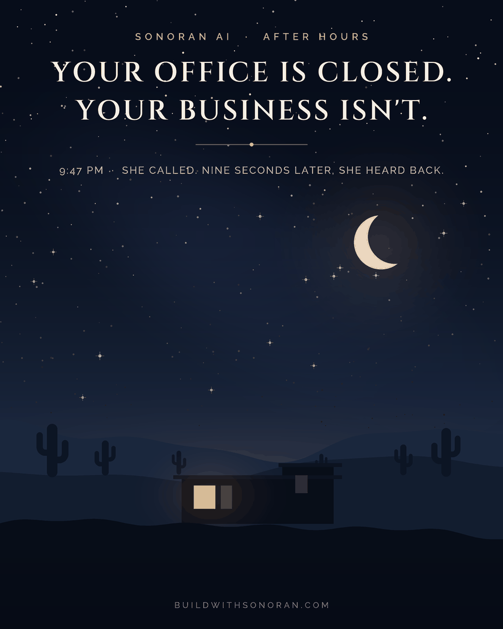 A moonlit Sonoran desert scene with a single lit window, captioned: your office is closed, your business isn't.