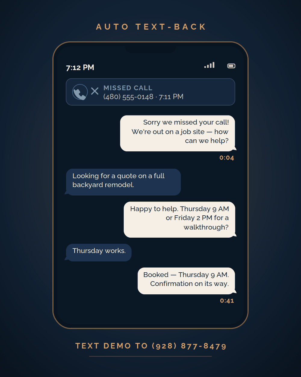 A phone showing a missed call at 7:11 PM answered by an automatic text four seconds later, leading to a booked walkthrough.
